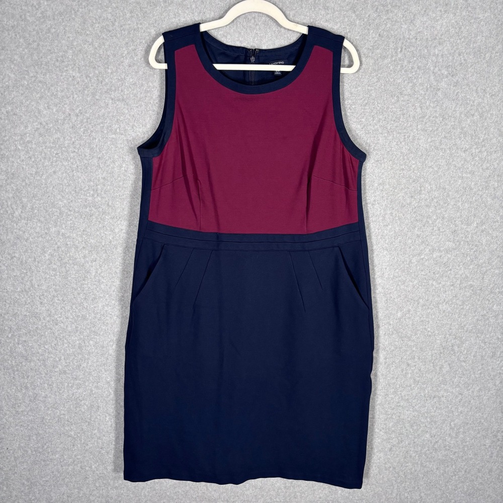 Lands End Sheath Dress 18W Navy Burgundy Colorblock Pockets Crepe Ponte Knee